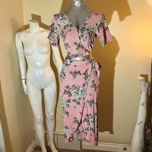 Pink floral wrap top and skirt set, XS